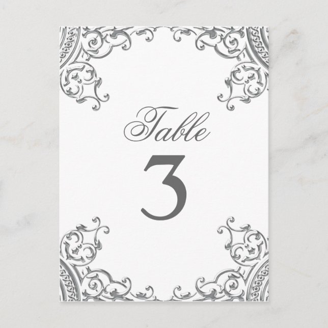 Elegant Silver White Wedding Table Cards (Front)