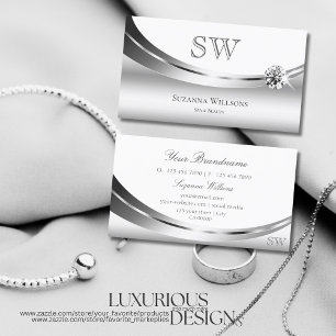 Elegant Silver White with Monogram Sparkly Diamond Business Card