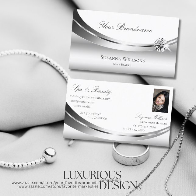 Elegant Silver White with Photo and Diamond Modern Business Card (Creator Uploaded)
