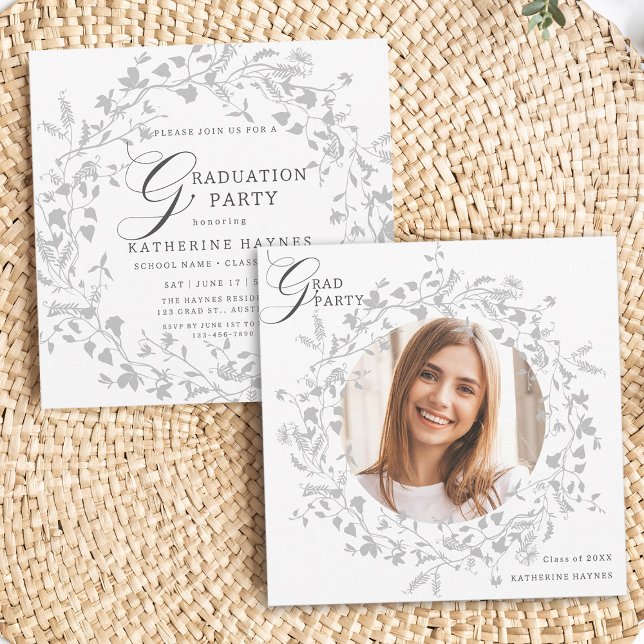 Elegant Silver Wildflower Wreath Graduation Invitation (Front & Back)