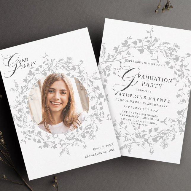 Elegant Silver Wildflower Wreath Graduation Invitation (Front & Back)