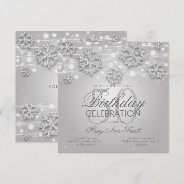 Elegant Silver Winter Glitter 50th Birthday Party Invitation (Front/Back)