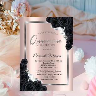 Elegant SilverFrame,Black Roses Quinceañera Invitation