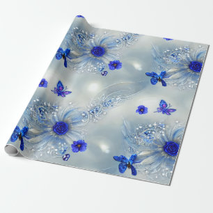 Elegant Silvery, Blue & Grey Floral & Butterfly  Wrapping Paper
