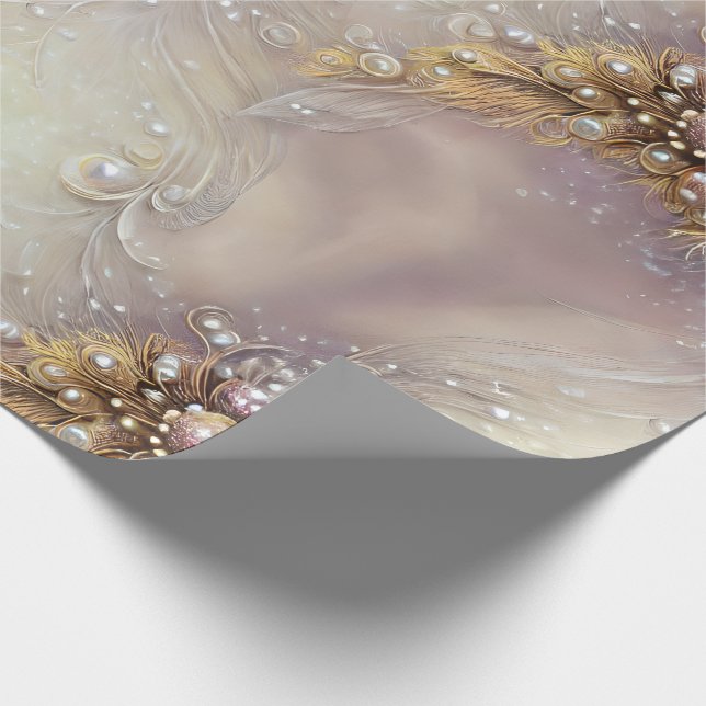 Elegant Silvery Golden Feathers, Beads, & Pearls Wrapping Paper (Corner)