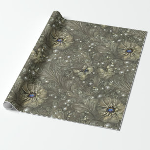 Elegant Silvery Grey, Blue & Ivory Floral & Beaded Wrapping Paper