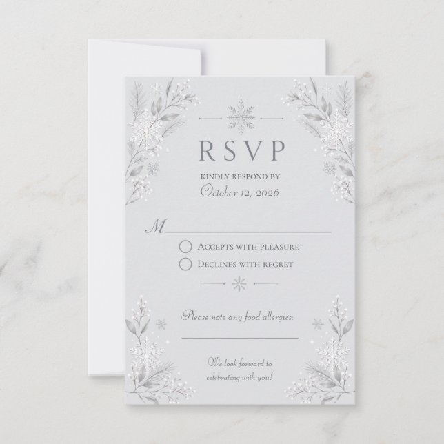 Elegant Silvery Winter Snow Wedding RSVP Card (Front)