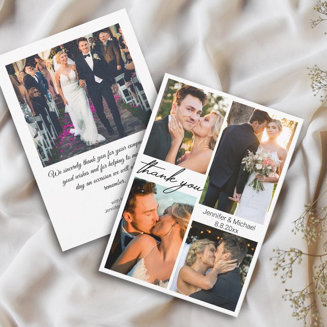 elegant simple 5 photos wedding collage  thank you card (Creator Uploaded)