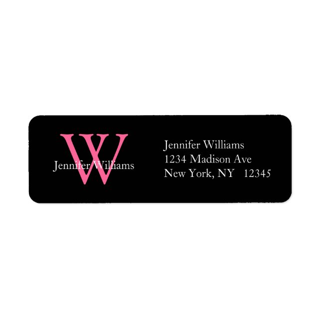 Elegant Simple Address Labels Black Pink Initial (Front)
