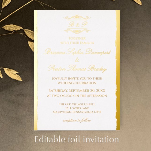 Elegant Simple Antique Monogram Wedding Gold (Personalize this elegant monogram gold foil wedding invitation.
)