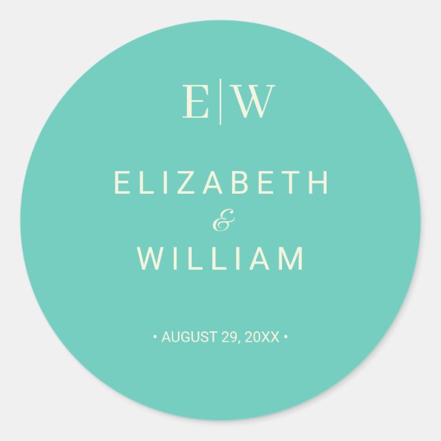 Elegant Simple Aquatic Awe with Monogram Wedding Classic Round Sticker (Front)
