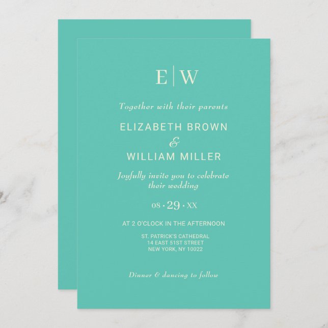 Elegant Simple Aquatic Awe with Monogram Wedding Invitation (Front/Back)