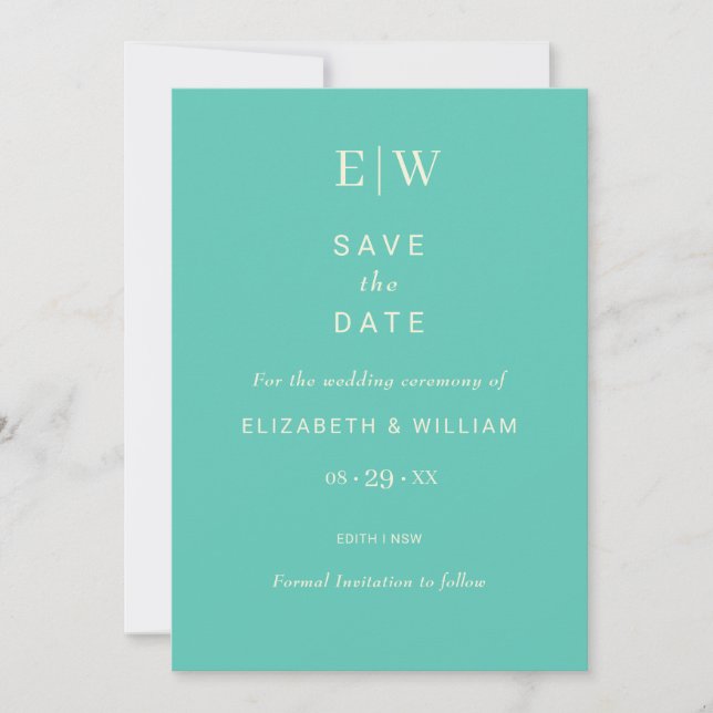 Elegant Simple Aquatic Awe with Monogram Wedding Save The Date (Front)
