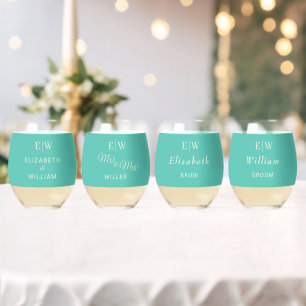 Elegant Simple Aquatic Awe with Monogram Wedding Stemless Wine Glass