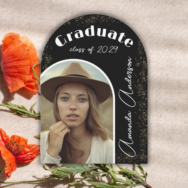  Elegant Simple Arch Photo Black Gold Graduation  Invitation (Creator Uploaded)