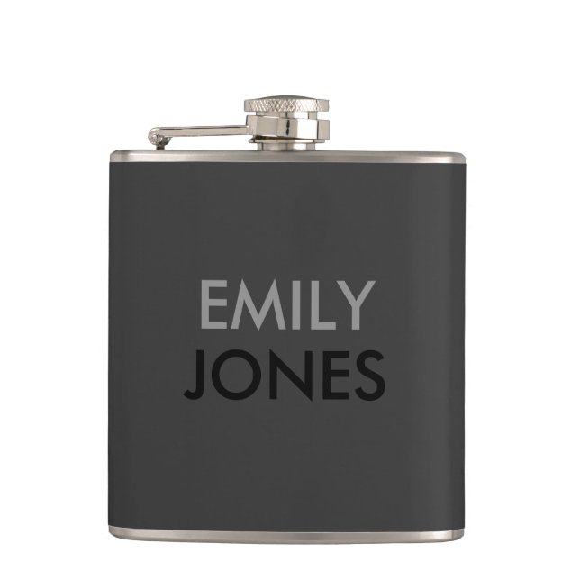 Elegant simple black and grey personalised hip flask (Front)