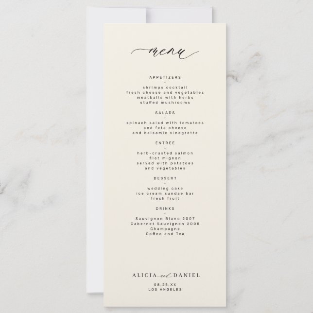 Elegant simple black and ivory wedding menu invitation (Front)