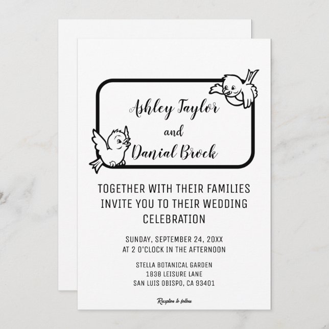 Elegant Simple Black And White Birds Chic Wedding Invitation (Front/Back)