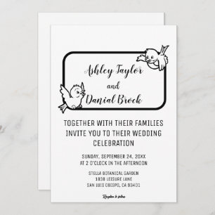 Elegant Simple Black And White Birds Chic Wedding Invitation