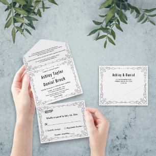 Elegant Simple Black And White Boho Floral Wedding All In One Invitation