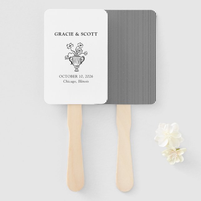 Elegant Simple Black and White Minimalist Wedding Hand Fan (Front and Back)