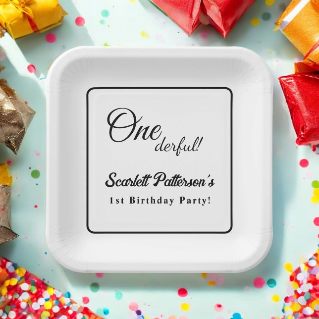 Elegant Simple Black And White Modern 1st Birthday Paper Plate (Creator Uploaded)