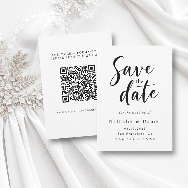 Elegant Simple Black and White QR Code Wedding Save The Date (Creator Uploaded)
