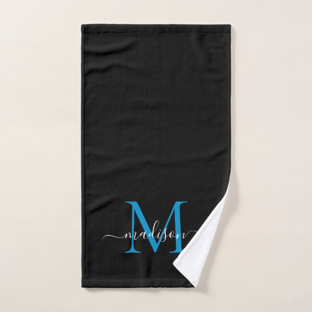 Elegant Simple Black Blue Monogram Script Name Hand Towel (Hand Towel)