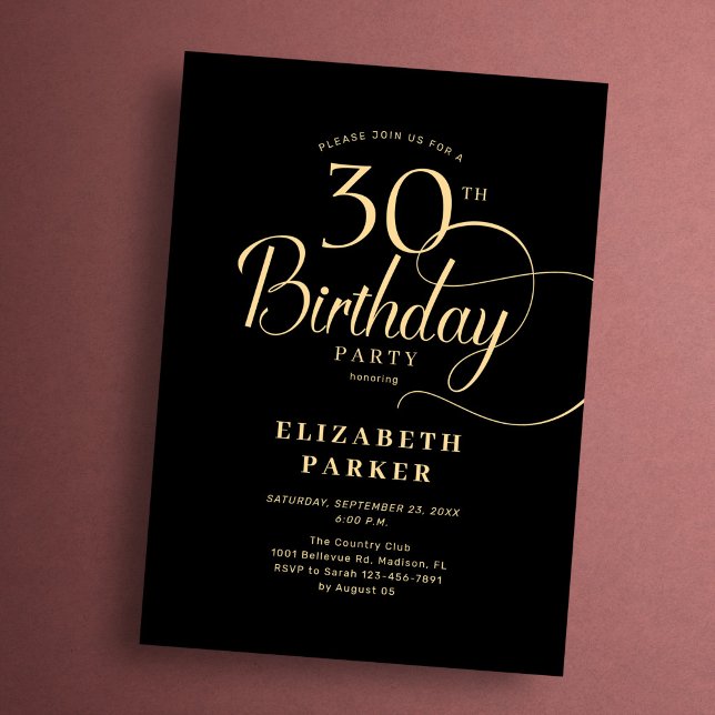 Elegant Simple Black Gold Script 30th Birthday Invitation (Creator Uploaded)