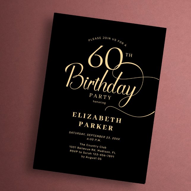 Elegant Simple Black Gold Script 60th Birthday Invitation (Creator Uploaded)