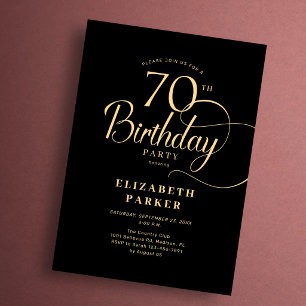 Elegant Simple Black Gold Script 70th Birthday Invitation