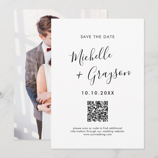 Elegant Simple Black Minimalist Modern QR code     Save The Date (Front/Back)