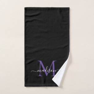 Elegant Simple Black Purple Monogram Script Name Hand Towel