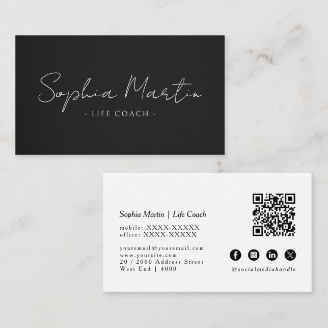 Elegant Simple Black QR Code Business Card (Front/Back)