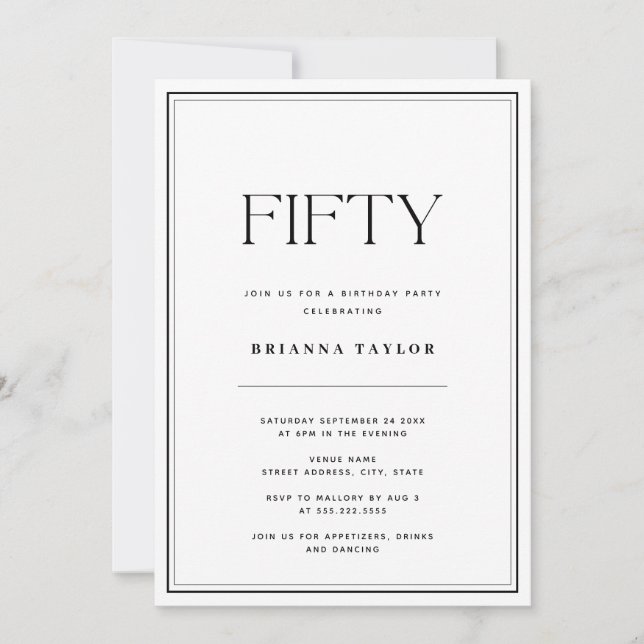 Elegant Simple Black & White 50th Birthday Invitation (Front)