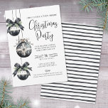 Elegant Simple Black White Christmas Party Invitation<br><div class="desc">Invite guests to your holiday celebration with this fun yet minimalist Christmas ornament-themed invitation. The design features three elegant black and white watercolor ornaments cascading down the left side, accented with evergreen greenery and bow details for a festive, stylish touch. All of the party details are laid out clearly on...</div>