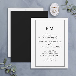 Elegant Simple Black White Formal Monogram Wedding Invitation