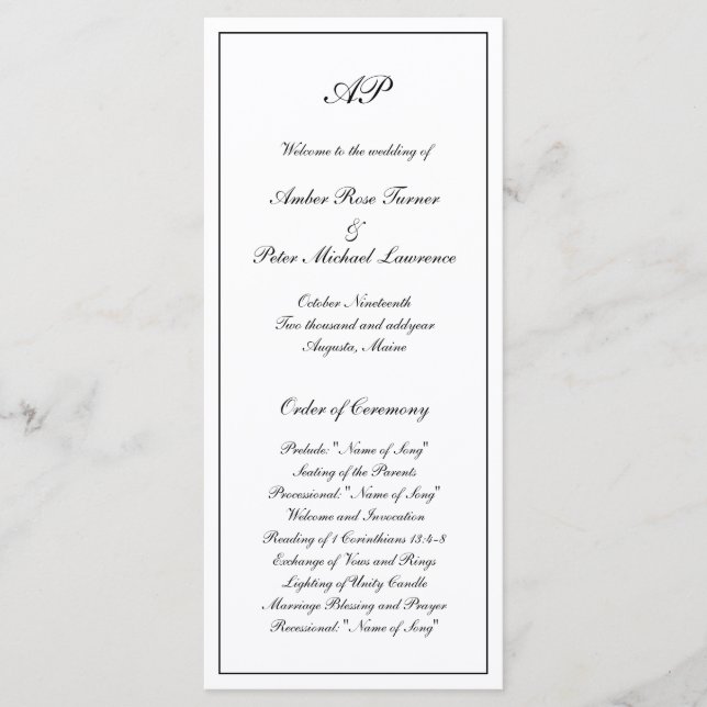 Elegant Simple Black White Formal Monogram Wedding Program (Front)