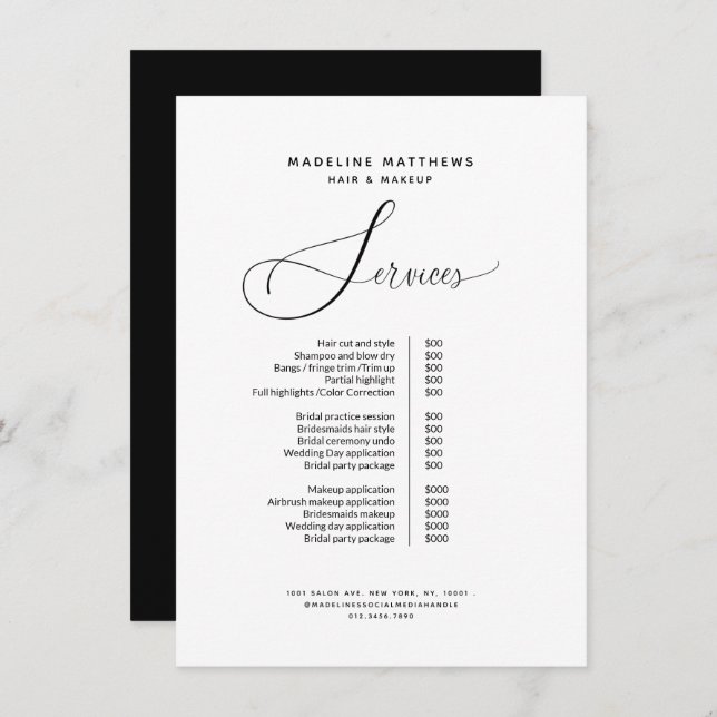 Elegant Simple Black White Hair Salon Price List Menu (Front/Back)