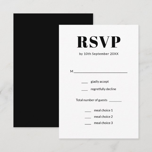 Elegant Simple Black & White Meal Choice Wedding RSVP Card (Front/Back)