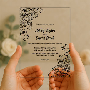 Elegant Simple Black & White Ornate Floral Wedding Acrylic Invitations
