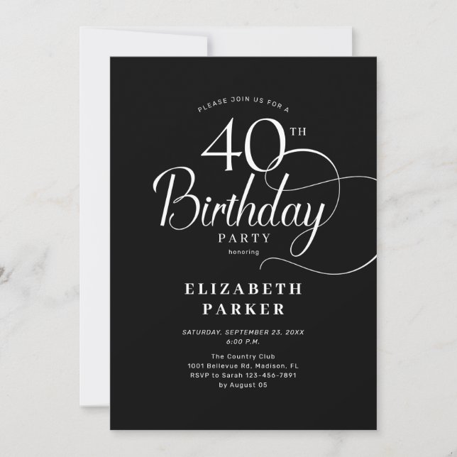 Elegant Simple Black White Script 40th Birthday Invitation (Front)