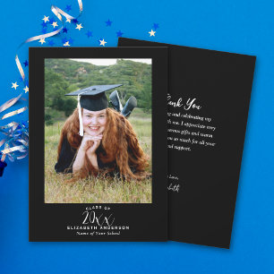 Elegant Simple Black White Script Graduation Photo Thank You Card