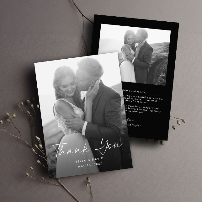 Elegant Simple Black White Script Photo Wedding Thank You Card (Creator Uploaded)