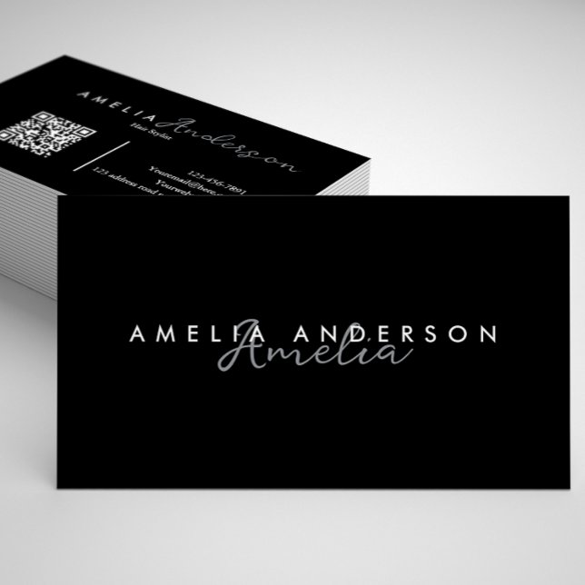 Elegant Simple Black White Script QR code Business Card (Creator Uploaded)