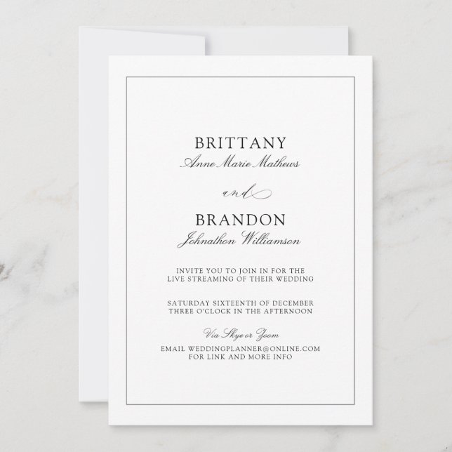 Elegant Simple Black White Virtual Wedding Invitation (Front)