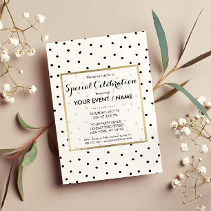 Elegant simple black white watercolor polka dots invitation