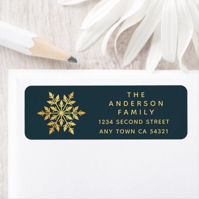 Elegant Simple Blue and Gold Snowflake  Return Address Label (Insitu)
