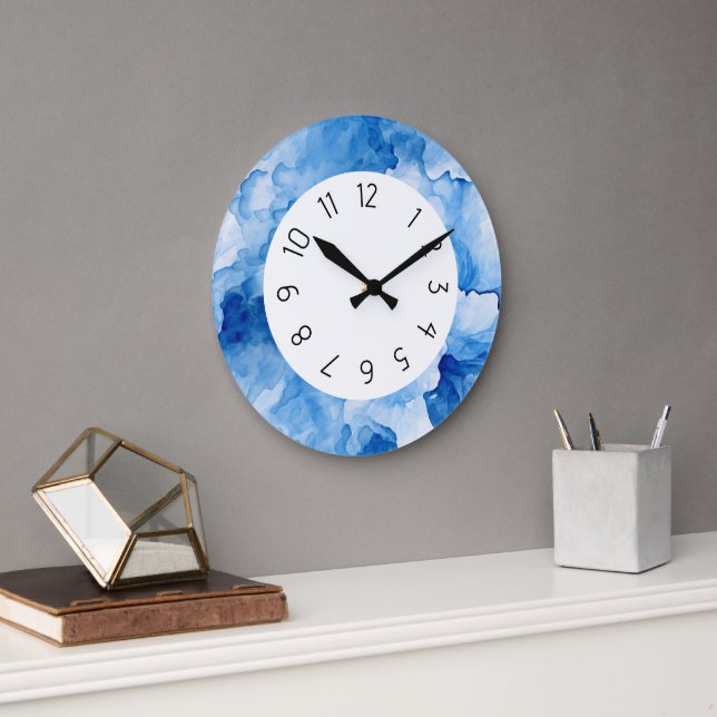 Elegant Simple Blue watercolor  Large Clock (Office)