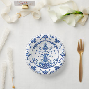 Elegant simple Blue White Flower chinoiserie style Paper Plate